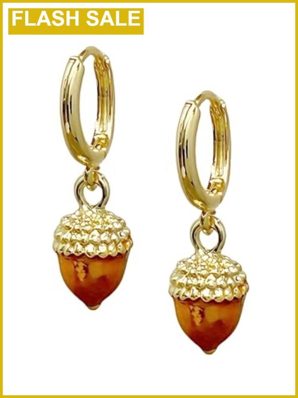 Acorn Pine Cone Huggie Hoop Earrings Yellow Gold Plated Fall Winter Holiday